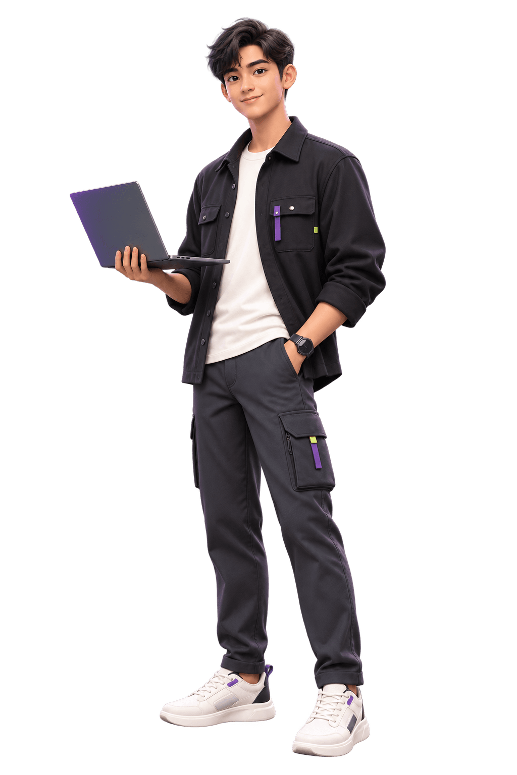 Stylized 3D software engineer holding a laptop